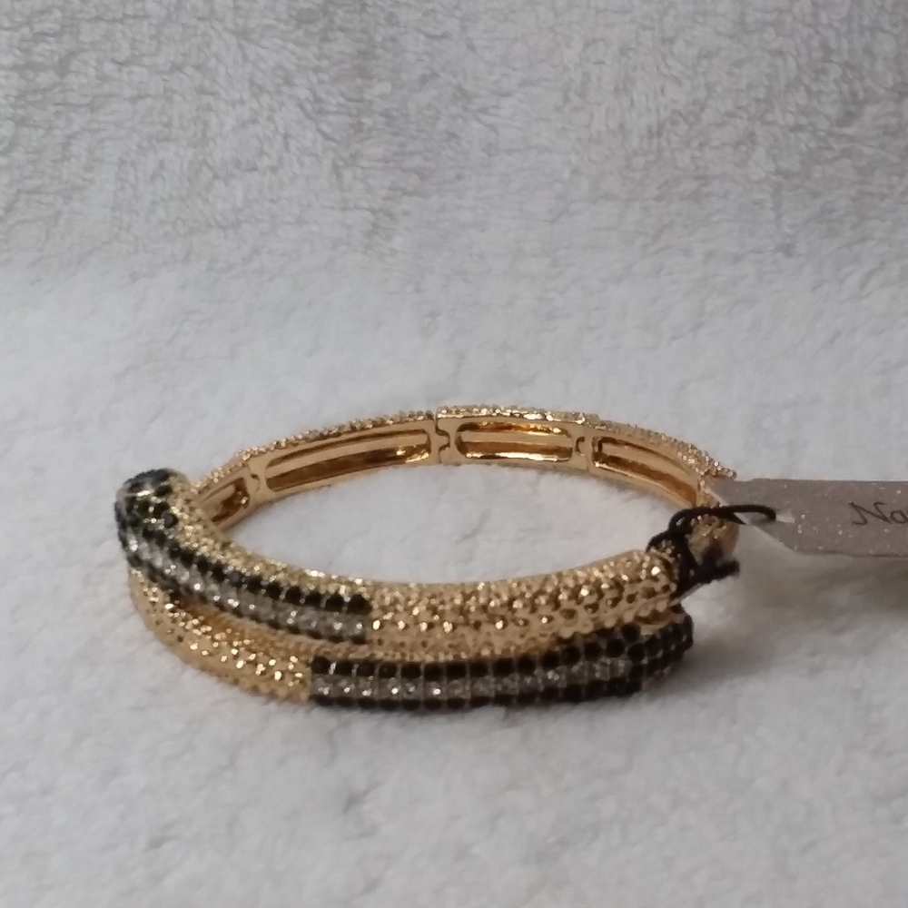 Double Head Snake Gold Tone Adjustable Bracelet Green White Rhinestones Natasha